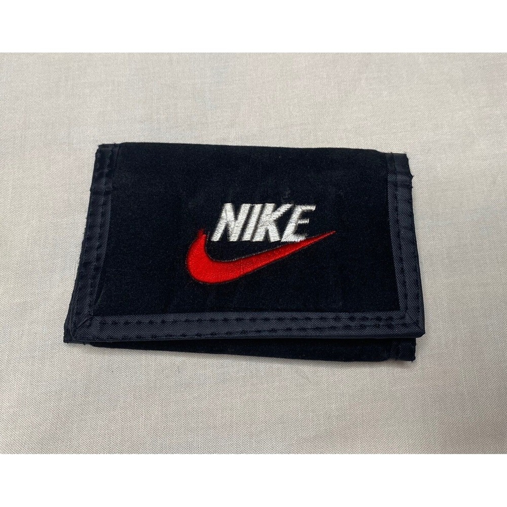 Y2K Nike Black Velvet Trifold Wallet Red Check Minimalist Athletic Streetwear